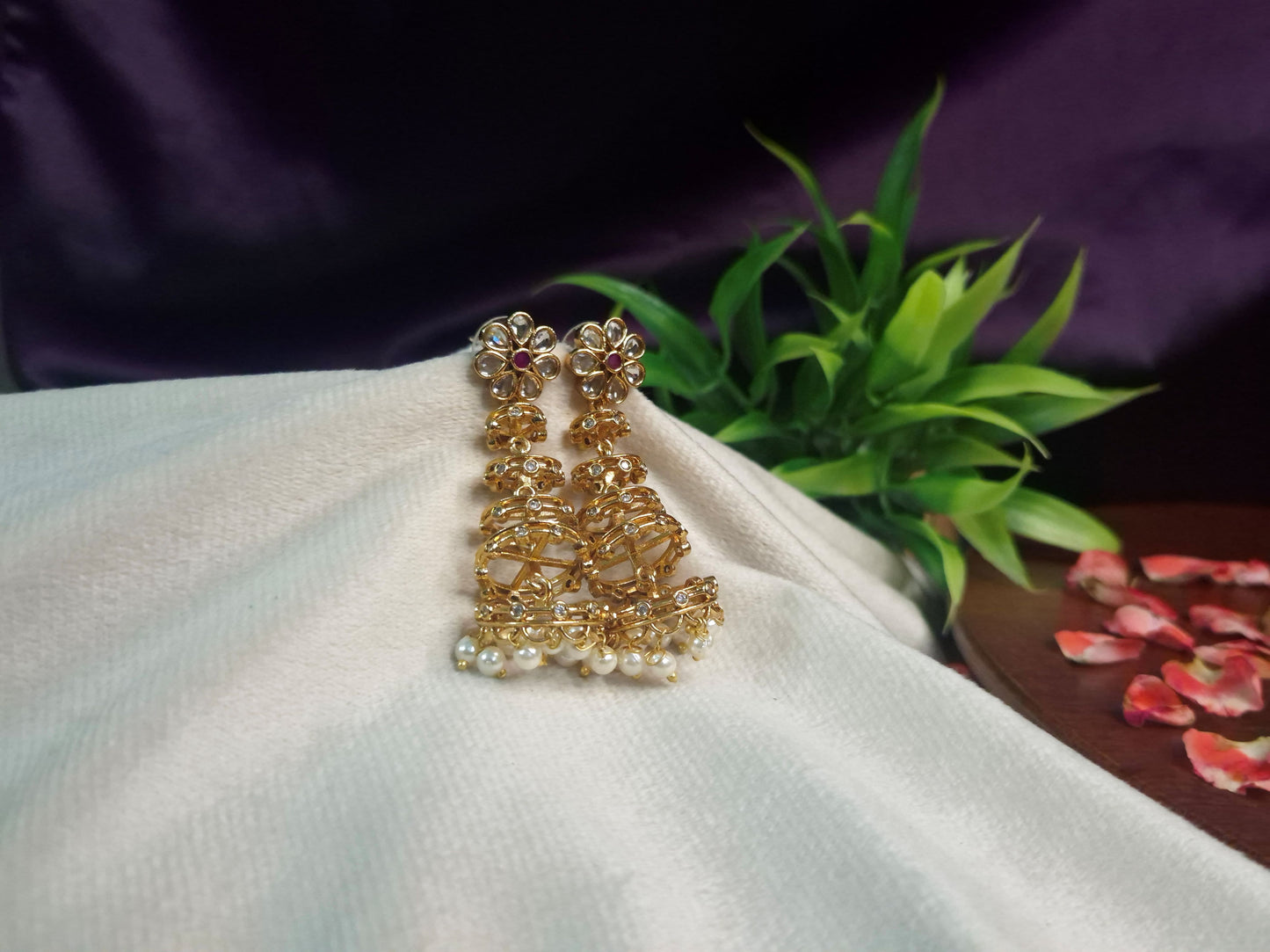 Antique Gold Kundan Flower Long Step Earrings — AD Stone Ladder Cascade with Pearl Drops