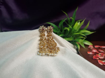 Antique Gold Kundan Flower Long Step Earrings — AD Stone Ladder Cascade with Pearl Drops