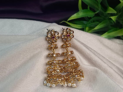 Antique Gold Kundan Flower Long Step Earrings — AD Stone Ladder Cascade with Pearl Drops