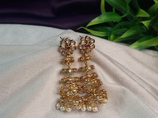 Antique Gold Kundan Flower Long Step Earrings — AD Stone Ladder Cascade with Pearl Drops