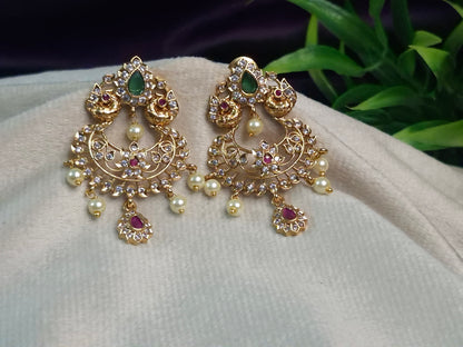 Antique Gold Chandbali Earrings — AD, Ruby & Emerald Floral Chand with Pearl Drops