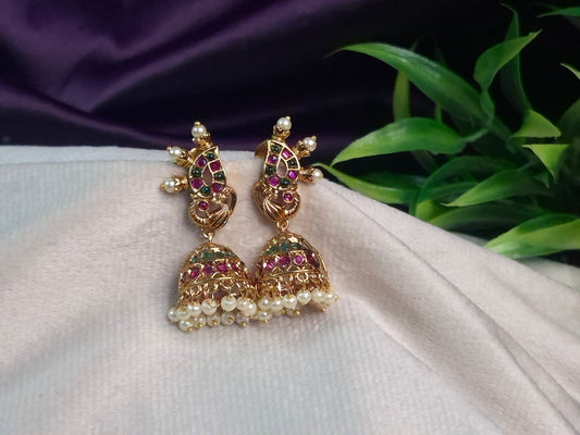 Antique Gold Peacock Jhumka Earrings — Ruby & Emerald Kemp Stone with Pearl Drop Jhumka