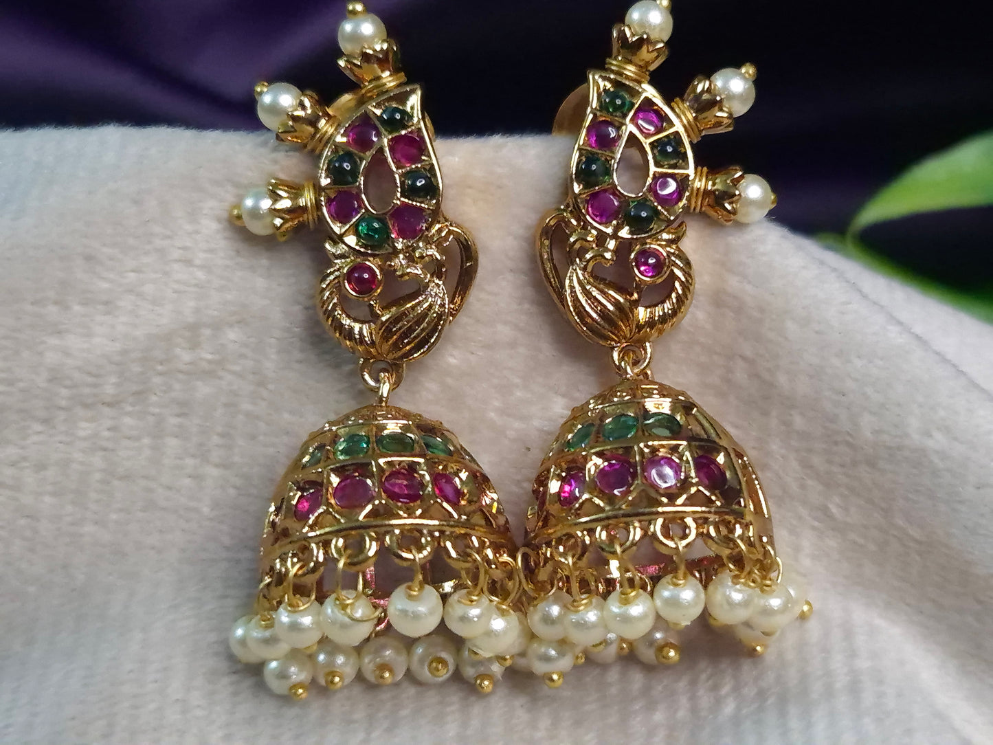 Antique Gold Peacock Jhumka Earrings — Ruby & Emerald Kemp Stone with Pearl Drop Jhumka