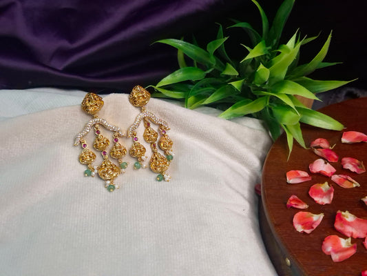 Antique Gold Lakshmi Temple Chandelier Earrings — 3-Tier Nakshi Drop with Ruby, Emerald & Pearl Dangles