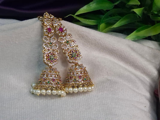 Antique Gold Ruby & Emerald Ear Chain — 3-Layer Pearl Bead Chain with Kemp Teardrop & Pearl Drop Earring Chain