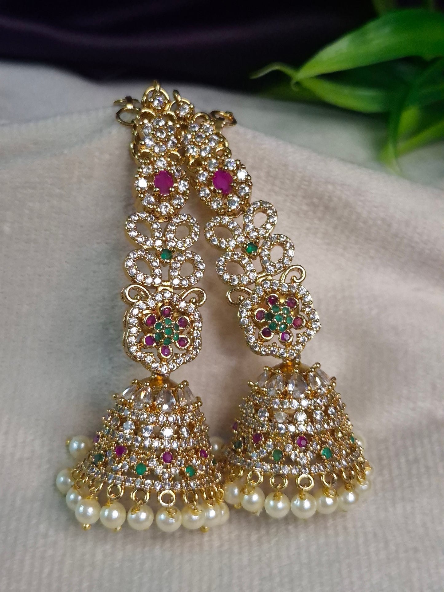 Antique Gold Ruby & Emerald Ear Chain — 3-Layer Pearl Bead Chain with Kemp Teardrop & Pearl Drop Earring Chain