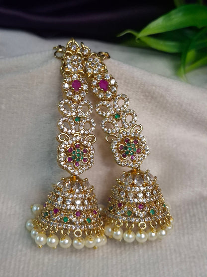 Antique Gold Ruby & Emerald Ear Chain — 3-Layer Pearl Bead Chain with Kemp Teardrop & Pearl Drop Earring Chain