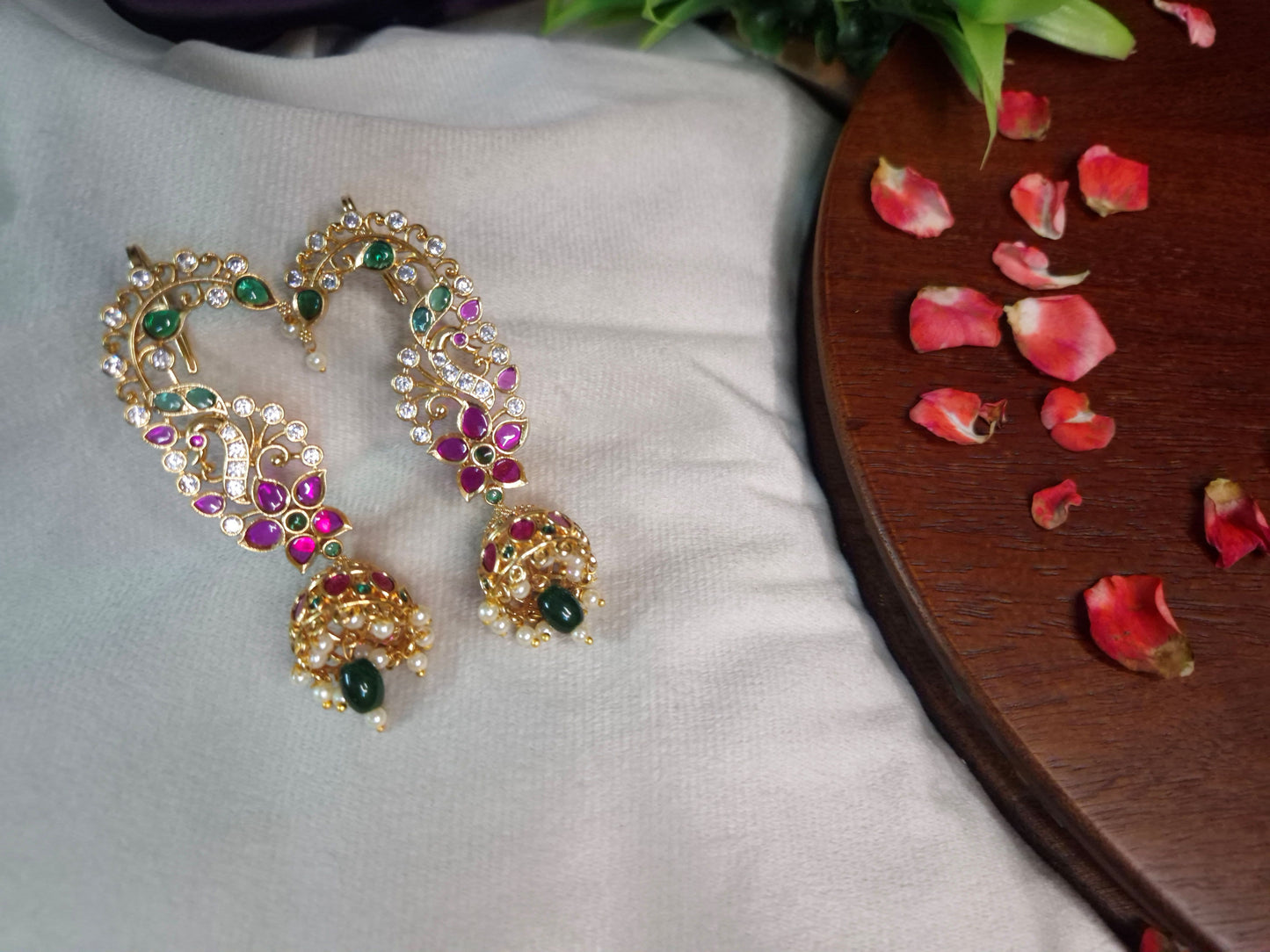 Ear Cuff Jumka FloralAntique Gold Grand Peacock Sweep Jhumka Earrings — Ruby, Emerald & AD Stone Ear Cuff Style with Pearl & Emerald Drop Jhumka