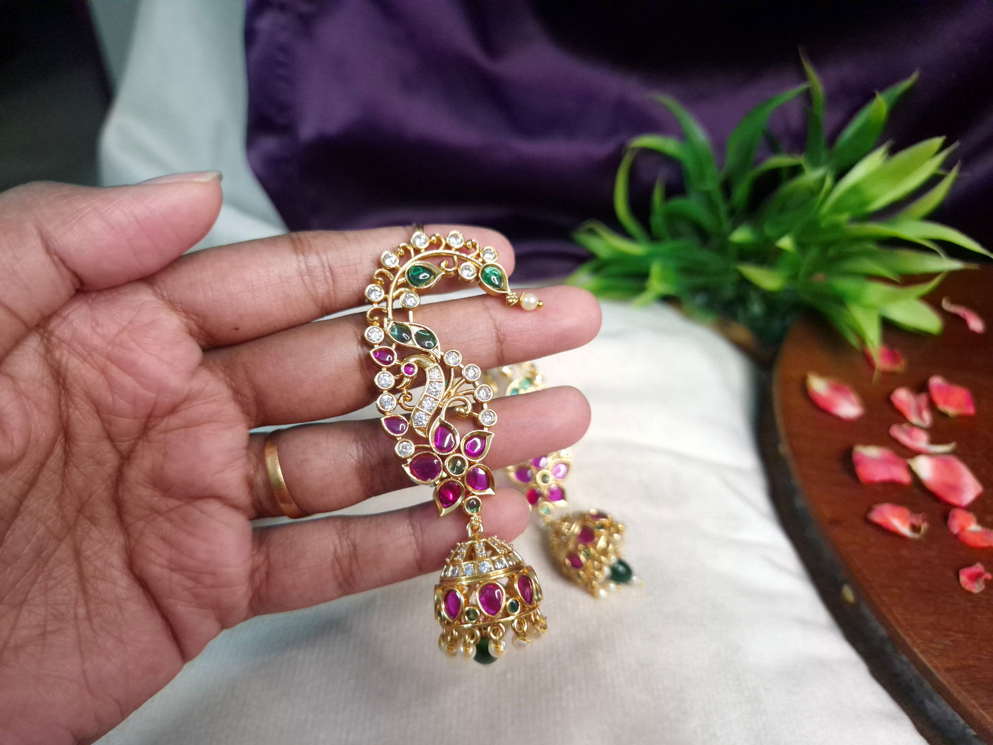 Ear Cuff Jumka FloralAntique Gold Grand Peacock Sweep Jhumka Earrings — Ruby, Emerald & AD Stone Ear Cuff Style with Pearl & Emerald Drop Jhumka