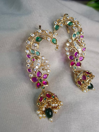 Ear Cuff Jumka FloralAntique Gold Grand Peacock Sweep Jhumka Earrings — Ruby, Emerald & AD Stone Ear Cuff Style with Pearl & Emerald Drop Jhumka