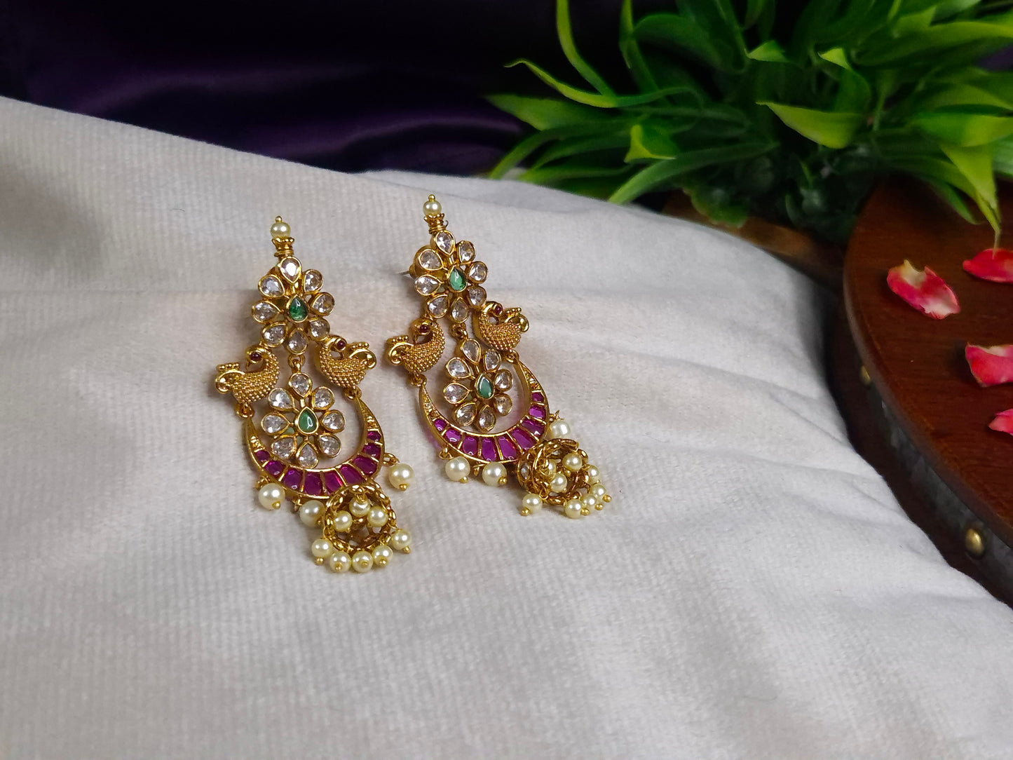 Antique Gold Dual Peacock Chandbali Jhumka Earrings