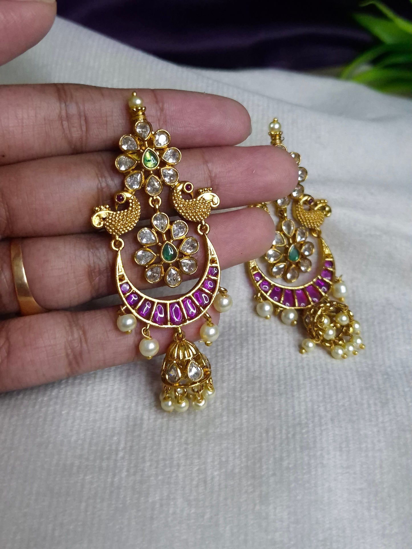 Antique Gold Dual Peacock Chandbali Jhumka Earrings