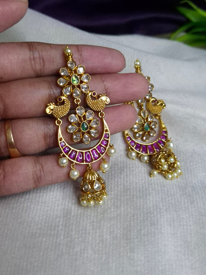 Antique Gold Dual Peacock Chandbali Jhumka Earrings