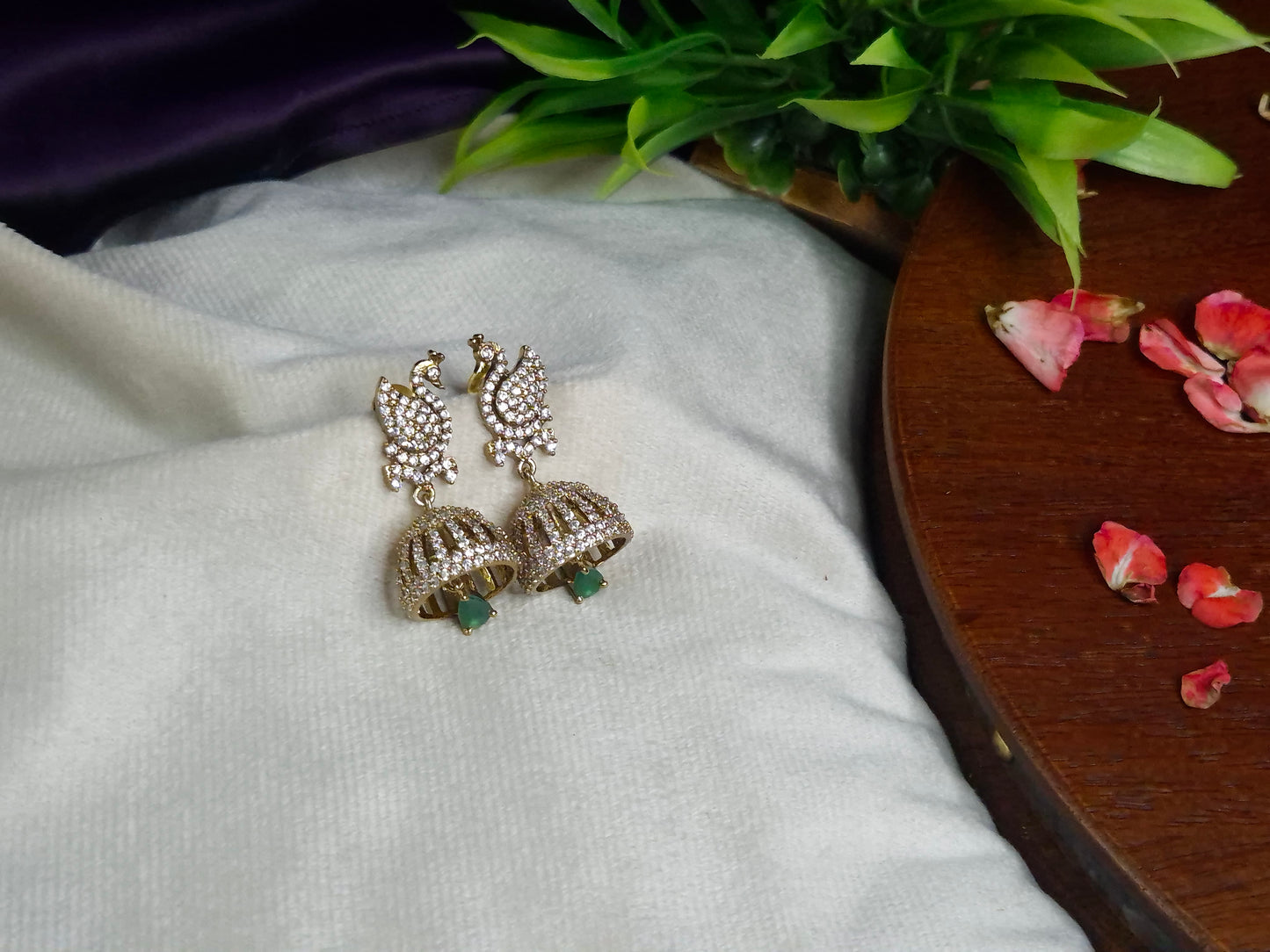 Gold Tone Annam AD Jhumka Earrings — Full CZ Studded Annam Top with Emerald Drop Jhumka