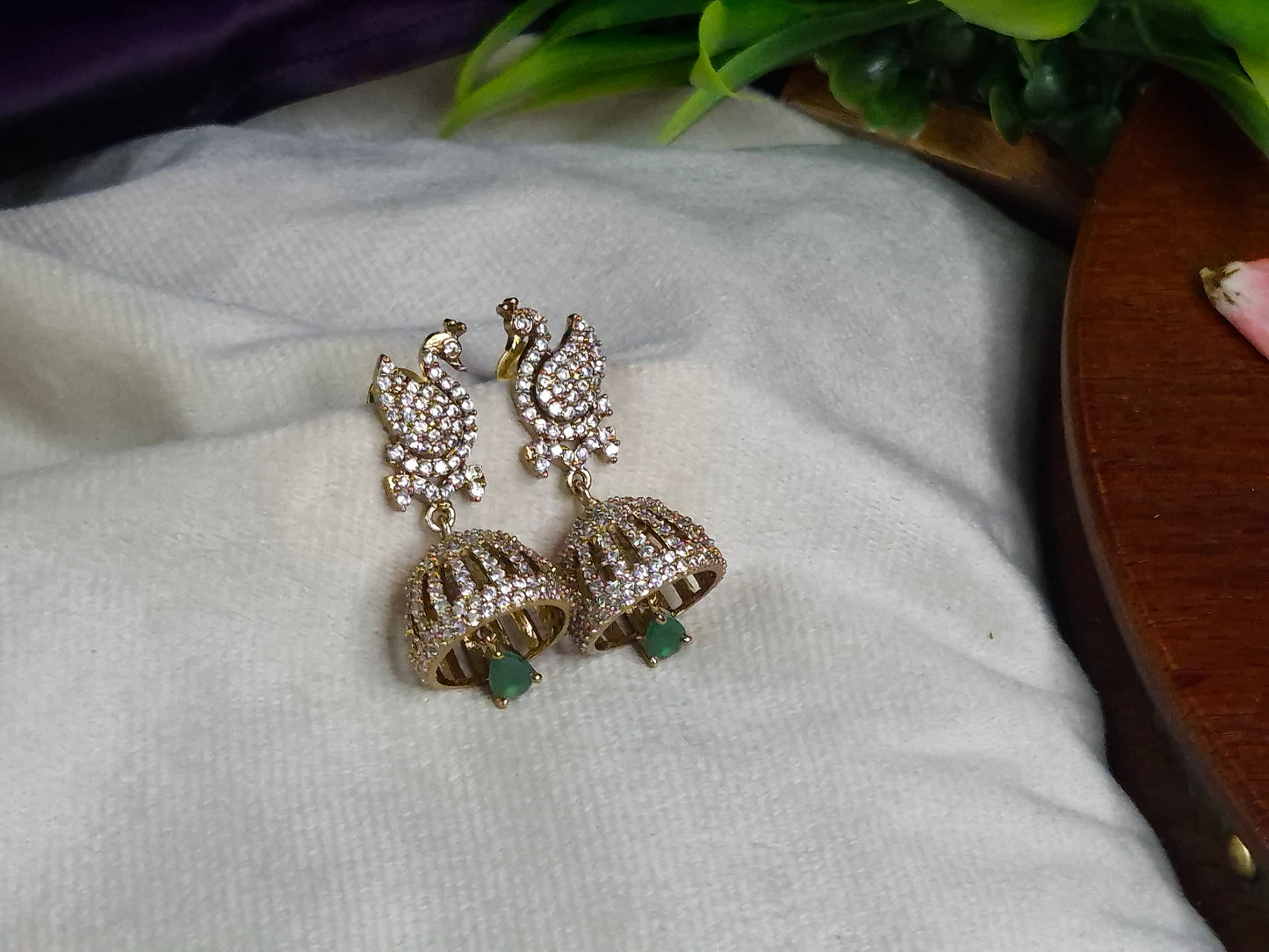 Gold Tone Annam AD Jhumka Earrings — Full CZ Studded Annam Top with Emerald Drop Jhumka