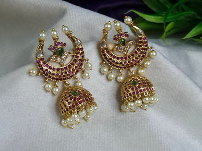 Antique Gold Kemp Chand Jhumka Earrings — Ruby & Emerald Crescent Moon with Pearl Drop Jhumka