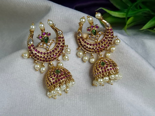 Antique Gold Kemp Chand Jhumka Earrings — Ruby & Emerald Crescent Moon with Pearl Drop Jhumka