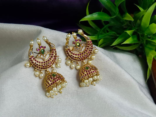 Antique Gold Kemp Chand Jhumka Earrings — Ruby & Emerald Crescent Moon with Pearl Drop Jhumka