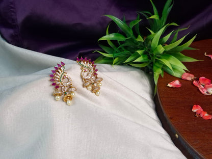 Gold Tone Peacock Earrings — Ruby, Emerald & AD Stone Mini Jhumka & Pearl Drops