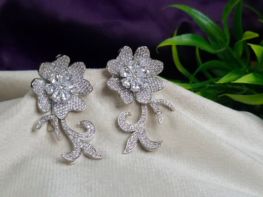 Silver CZ Floral Vine Earrings — Full Pave AD Stone Flower with Scrolling Tendril Drop