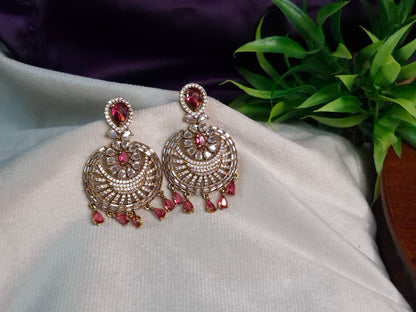 Gold Tone Ruby & AD Chandbali Earrings — Baguette CZ Sunburst Disc with Ruby Teardrop Dangles