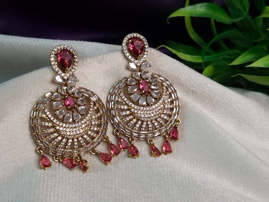 Gold Tone Ruby & AD Chandbali Earrings — Baguette CZ Sunburst Disc with Ruby Teardrop Dangles