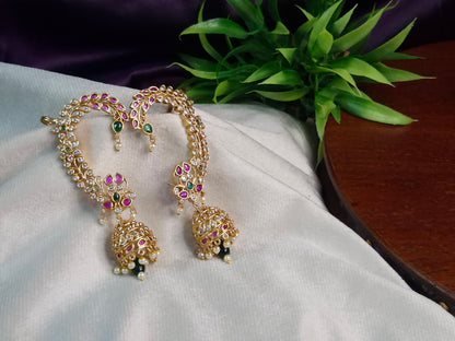 Antique Gold Bahubali Ear Cuff Jhumka Earrings — Ruby, Emerald & AD Stone Lotus Sweep with Grand Pearl Drop Jhumka