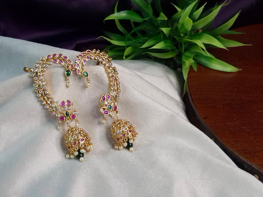 Antique Gold Bahubali Ear Cuff Jhumka Earrings — Ruby, Emerald & AD Stone Lotus Sweep with Grand Pearl Drop Jhumka