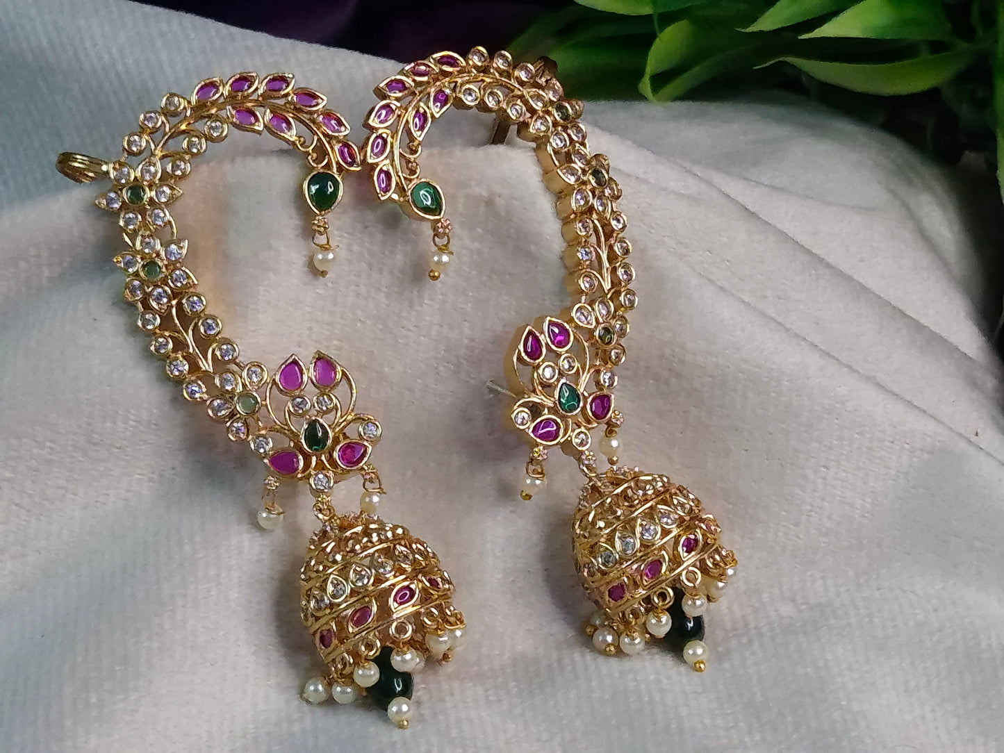 Antique Gold Bahubali Ear Cuff Jhumka Earrings — Ruby, Emerald & AD Stone Lotus Sweep with Grand Pearl Drop Jhumka