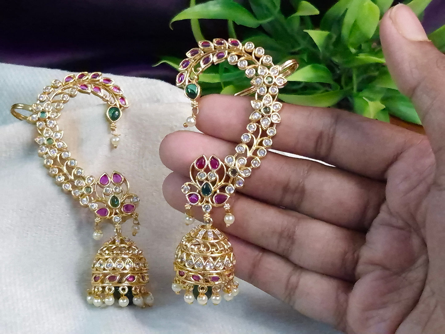 Antique Gold Bahubali Ear Cuff Jhumka Earrings — Ruby, Emerald & AD Stone Lotus Sweep with Grand Pearl Drop Jhumka