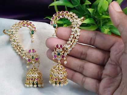 Antique Gold Bahubali Ear Cuff Jhumka Earrings — Ruby, Emerald & AD Stone Lotus Sweep with Grand Pearl Drop Jhumka