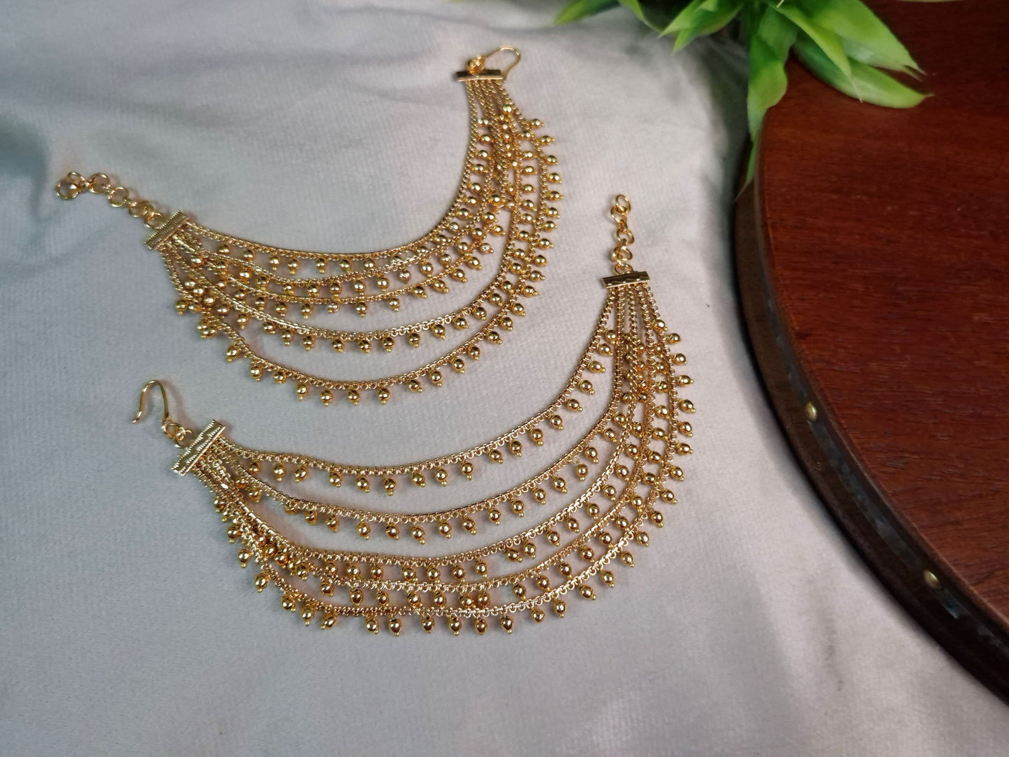 Antique Gold Multi-Layer Bahubali Ear Chain — 5-Tier Gold Ball Cascade Earring Jacket Chain