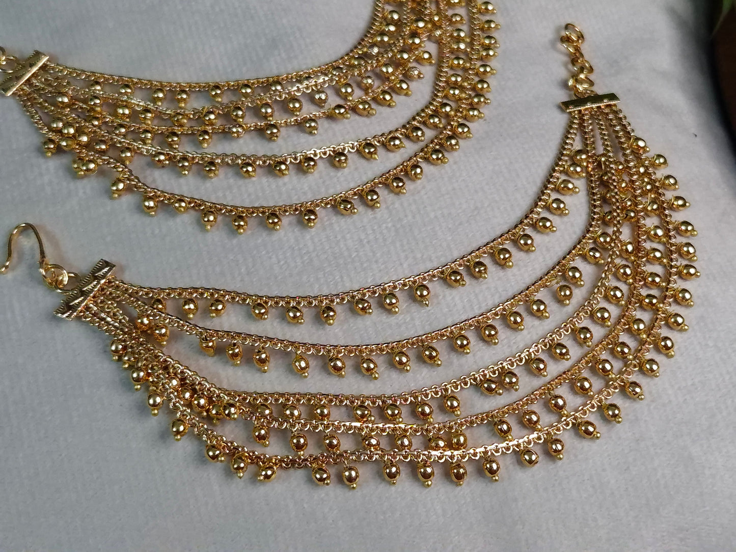 Antique Gold Multi-Layer Bahubali Ear Chain — 5-Tier Gold Ball Cascade Earring Jacket Chain