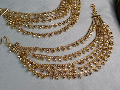 Antique Gold Multi-Layer Bahubali Ear Chain — 5-Tier Gold Ball Cascade Earring Jacket Chain