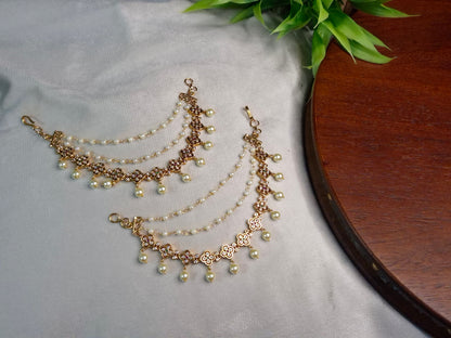 Gold Tone Kemp clove Ear Chain — 3-Layer Pearl Bead & AD Clove Link Earring Jacket Chain
