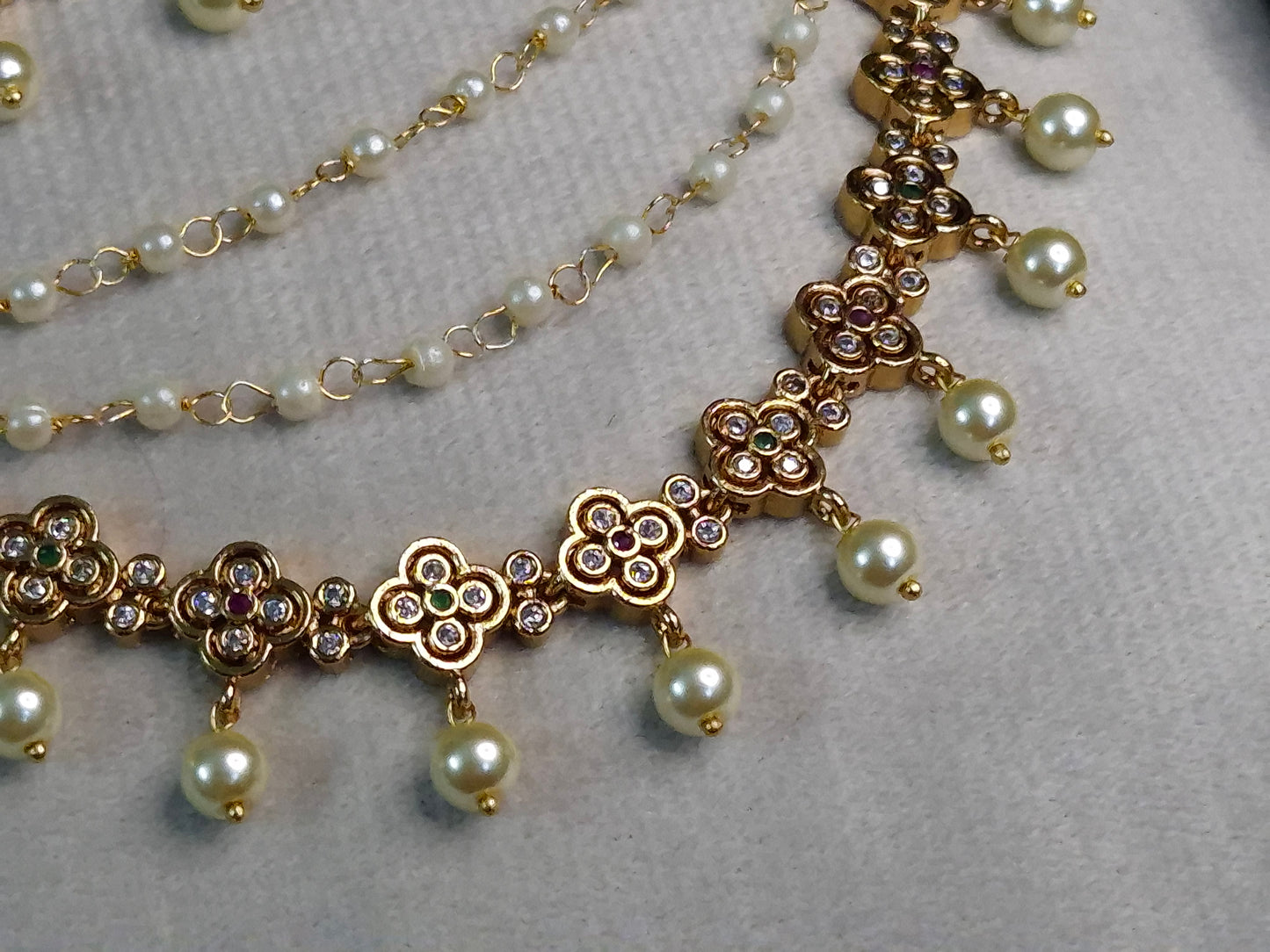 Gold Tone Kemp clove Ear Chain — 3-Layer Pearl Bead & AD Clove Link Earring Jacket Chain