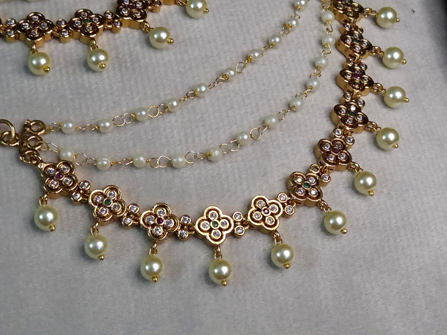 Gold Tone Kemp clove Ear Chain — 3-Layer Pearl Bead & AD Clove Link Earring Jacket Chain
