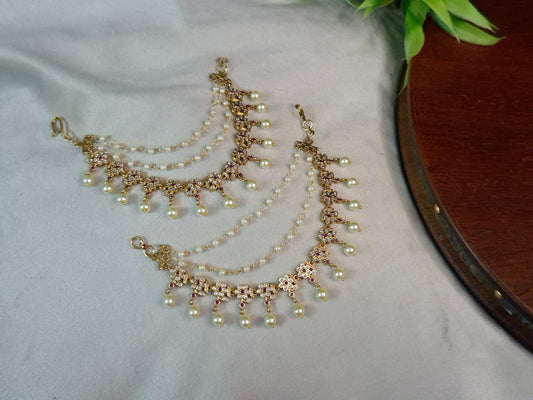 Antique Gold Ruby & AD Floral Pearl Earchain — Double Layer CZ Flower Link Chain with Pearl Drop