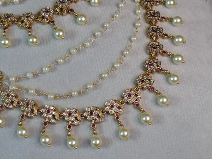 Antique Gold Ruby & AD Floral Pearl Earchain — Double Layer CZ Flower Link Chain with Pearl Drop