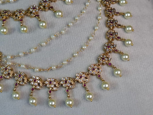 Antique Gold Ruby & AD Floral Pearl Earchain — Double Layer CZ Flower Link Chain with Pearl Drop