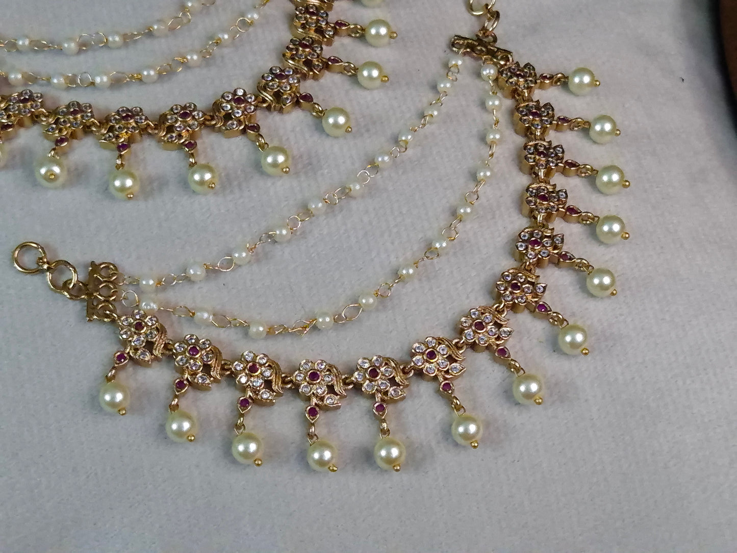 Antique Gold Ruby & AD Floral Pearl Earchain — Double Layer CZ Flower Link Chain with Pearl Drop